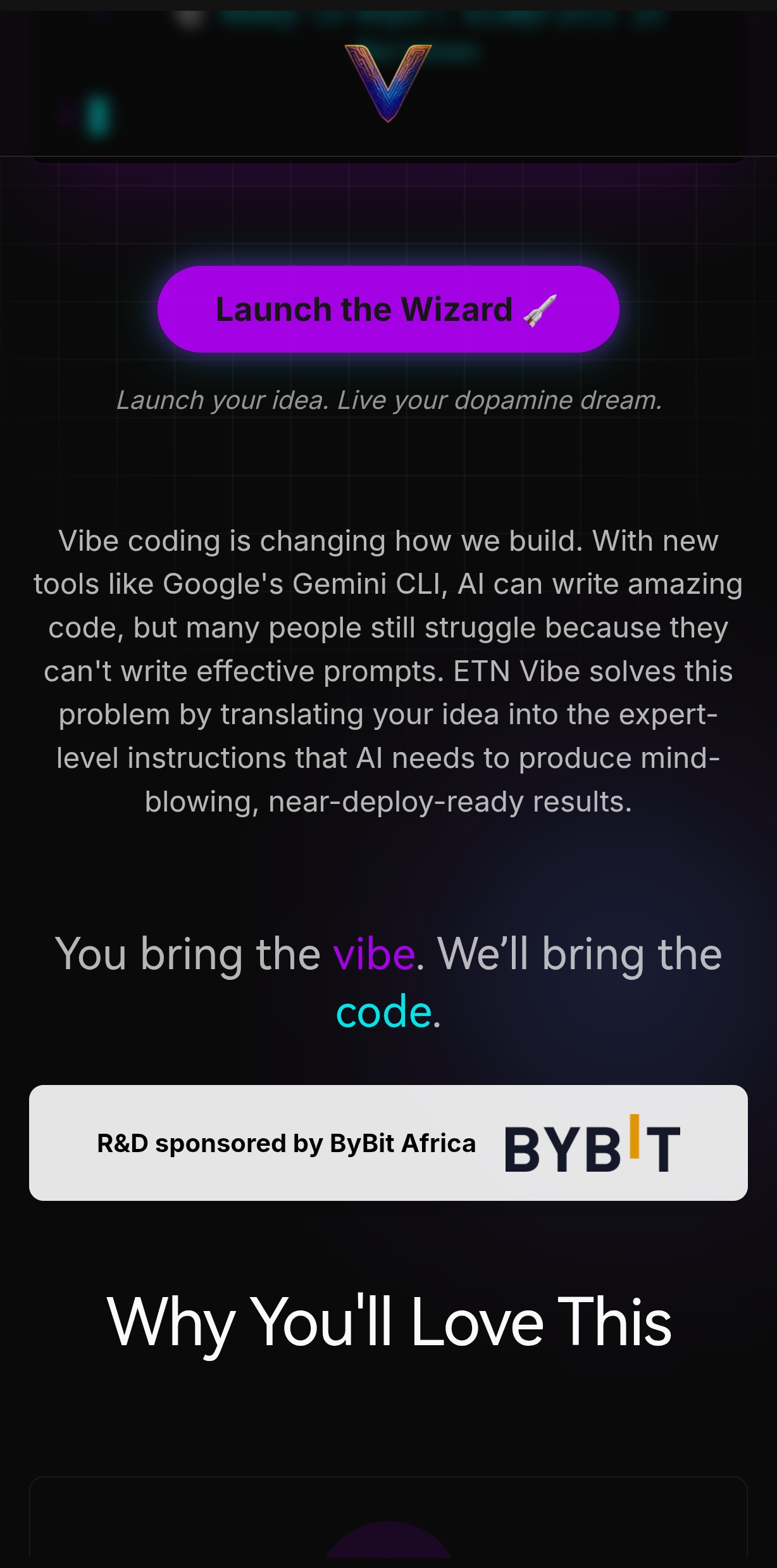 A preview of the ETN Vibe user interface showing beta